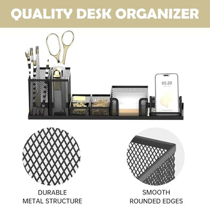 Pen Holder for Desk, 6-Piece Mesh Desk Organizer with Phone Holder, Black | 6-Piece Black Mesh Desk Set Includes Pen Cups, a Sticky Note Caddy and Phone Holder for Office, School, Home