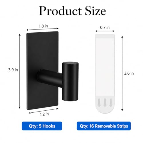 5 Pcs Towel Hooks Heavy Duty for Hanging，Adhesive Wall Hooks with Removable Strips，Sticky No Damage，Outdoor for Bathrooms，Shower，Stockings，Decor，Robe，X-Large，Black 304 Stainless Steel