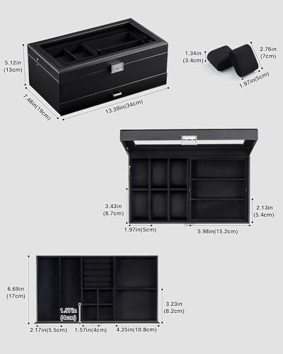 ProCase Mens Jewelry Box,6 Slot Watch Box & 3 Slot Sunglass Holder-AllBlack | 2-layer Lockable Sunglasses Jewelry Organizer Storage for Men, Watch Display Case with Drawer, Clear Lid, Father Gift