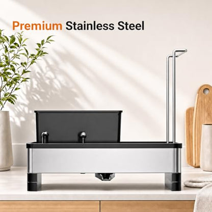 Laveshop Sponge Holder for Kitchen Sink, Rustproof Stainless Steel Sink Caddy with Auto-Drain, Removable Brush Holders, Soap and Dishcloth Organizer, Black