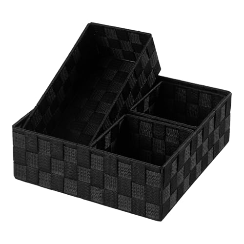 Small Black Baskets Cube Bin Container Tote,Woven Storage Baskets for Organizing Organizer Divider for Drawer, Closet, Shelf, Dresser, Set of 4