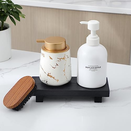 Wood Bathroom Tray Farmhouse Decor Kitchen Soap Holder, 8.7" x 3.6" Black | Waterproof, Lightweight, Easy Clean, Small Wooden Riser Pedestal Stand Accessories for Office Desk, Vanity, Counter, Sink