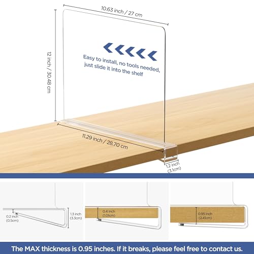 6 Pack 12 Inches [Extra Tall Version] Clear Shelf Dividers for Organization, Acrylic Closet Shelf Vertical Shelves Organizer for Bedroom, Office and Kitchen