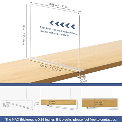 6 Pack 12 Inches [Extra Tall Version] Clear Shelf Dividers for Organization, Acrylic Closet Shelf Vertical Shelves Organizer for Bedroom, Office and Kitchen