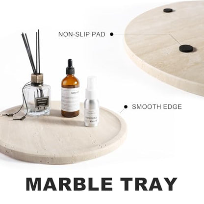 Travertine Tray, 11.8"x0.8" Round Serving Tray for Kitchen and Coffee Table, Bathroom Trays for Counter, Decorative Vanity Trays, Catchall Fruit and Snack, Light Beige Ottoman Tray