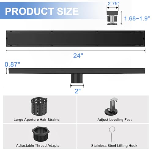 24 Inch Linear Shower Drain-Matte Black, with Tile Insert Grate | AISI 304 Stainless Steel Shower Drain, Rectangle Shower Floor Drain with Leveling Feet, Fits Bathroom & Balcony etc