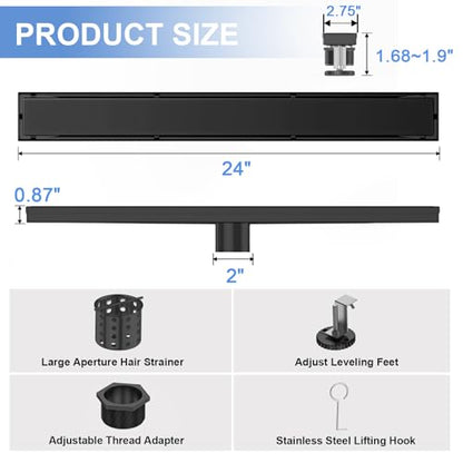 24 Inch Linear Shower Drain-Matte Black, with Tile Insert Grate | AISI 304 Stainless Steel Shower Drain, Rectangle Shower Floor Drain with Leveling Feet, Fits Bathroom & Balcony etc