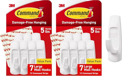 Command 5 lb Large Utility Hooks,7 Hooks and 12 Strips,Damage-Free Hanging Wall Hook with Adhesive Strips,No Tools Required,Great for Home Kitchen Office Organization,(Pack of 2)