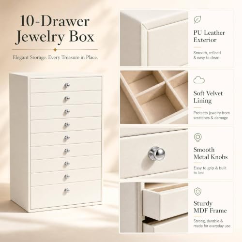 GUKA Large Jewelry Box, Jewelry Case with 10 Drawers for Big and Small Jewelry, Jewelry Storage Organizer for Watch Earrings Necklace Rings Bracelets, Birthday Wedding Gifts, White