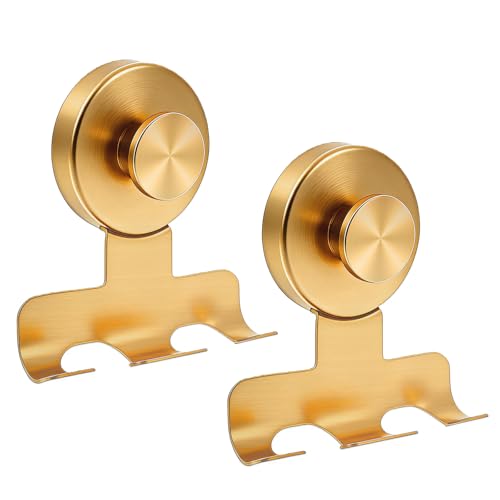 Suction Cup Razor Holder,Stainless Steel Wall Mount Hooks,Heavy-Duty to 15 lbs,No-Drill Shower Hooks for Razors, Towels and Loofahs (Gold, 2 Pack)