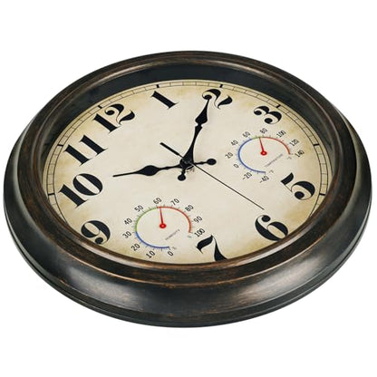 zyzamay 13 Inch Outdoor Clock with Thermometer and Hygrometer,BlackGold | Easy to Read,Non-Ticking Battery Operated Quality Quartz Waterproof Wall Clock, Decorative for Patio,Porch,Pool,Bathroom