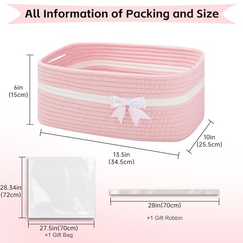 OIAHOMY Large Woven Storage Basket with Handles for Nursery Living Room Shelves, Bow Basket for Gifts Empty with Gift Bags and Ribbons for Baby Showers Pet Toy Bin - Pink