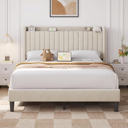 Queen Bed Frame with Channel-Tufted Storage Headbo... (Beige)
