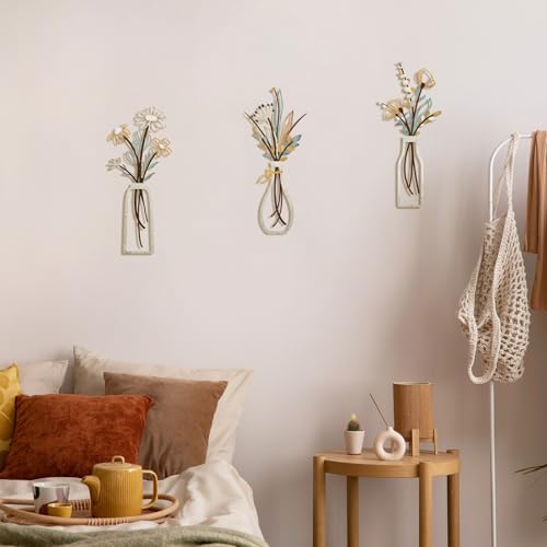 Pigort 3 Pieces Metal Flowers Wall Art- Rustic Farmhouse Decor Minimalist Decor for Living Room Bathroom Bedroom Dining Room, Housewarming Gifts Christmas Decoration(Beige, Vase-C)