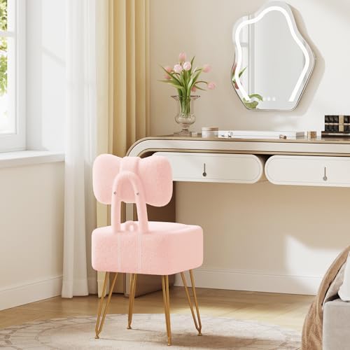 Small Vanity Stool Chair with Storage and Foldable Back, Pink