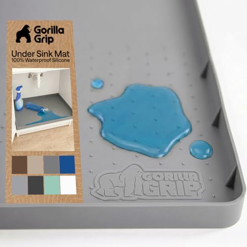 GORILLA GRIP Waterproof Silicone Under Sink Mat with Raised Lip for Kitchen and Bathroom, 34 x 22 in, Cabinet Shelf Liner Stay in Place Mats Dishwasher Safe Drawer Liner, Organizer Tray, Gray