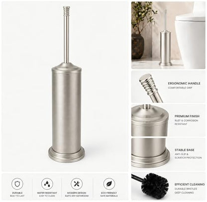 Nickel Toilet Brush and Holder Set，Extra Long Handled Toilet Bowl Brush and Holder，Stainless Steel Heavy Duty Toilet Brush for Bathroom,Deep Cleaning Modern Toilet Cleaner Slip Base