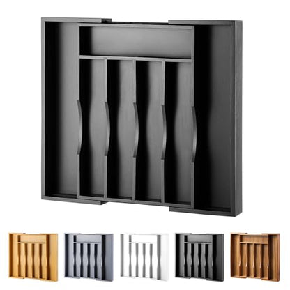 Expandable Bamboo Kitchen Drawer Organizer for Cutlery and Utensils, Adjustable Bamboo Wood Cutlery Tray in Drawer for Flatware and Silverware in Kitchen, (Black)