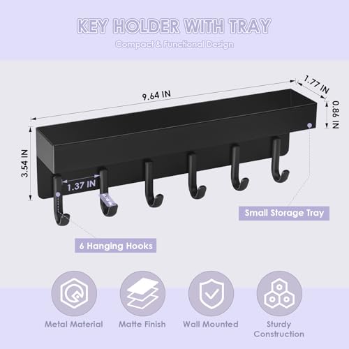 VIS'V Key Holder Wall Mount, Adhesive Key Rack with Tray, 6 Hooks, Black | 2 Mount Options, Compact Discreet Design, Suitable for Entryway, Hallway, Doorway, Kitchen, Garage, Camper