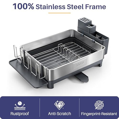 SNTD 304 Stainless Steel Dish Drying Rack for Small Kitchen Counter, Grey | Rustproof, Large Capacity, Heavy-Duty Frame, Rotating Spout, Angled Drainboard, Removable Cup & Utensil Holder