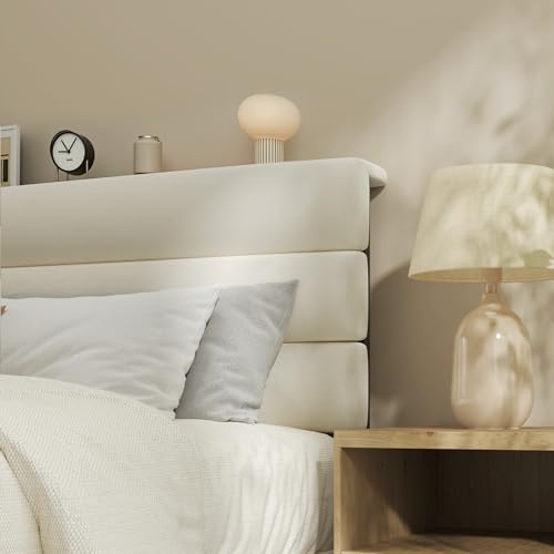 King Size Bed Frame, Platform Bed Frame with Velvet Upholstered Headboard, No Box Spring Needed, Sturdy Metal Support, Noise Free, Easy Assembly, Beige