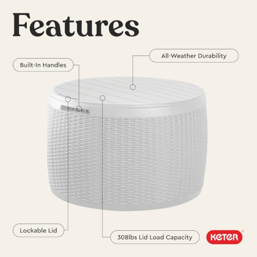 Keter Circa 37 Gallon Resin Deck Box Stool, All-Weather Outdoor Storage Seat with Rattan-Look Finish, Durable Patio Storage Bench for Cushions, Garden Tools, Pool Accessories