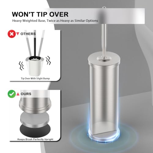 Stainless Steel Toilet Brush and Holder Set, Nickel | Weighted Stable Base Removable Inner Tube Toilet Bowl Brush Splash-Proof Design for Deep Cleaning Space Saving Storage