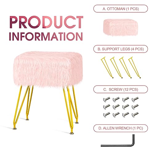 Vanity Stool Chair with Storage, Soft Ottoman Seat Vanity Chair with Anti-Slip Feet, Fluffy Padded Seat Multifunctional Footrest Side Table with 4 Metal Legs for Makeup, Bedroom, Dorm, Pink