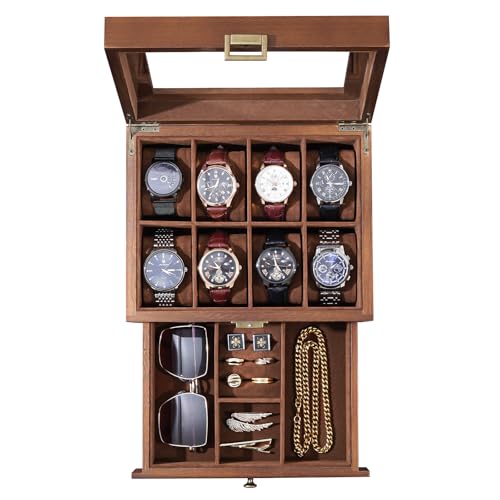 ProCase Wooden Watch Case, 8 Slot Mens Watch Box with Drawer, 2-Layer Mens Jewelry Box Storage Holder Organizer Display Case, Fathers Day Gift, Anniversary Birthday Gifts for Men Women -8 Slot, Brown