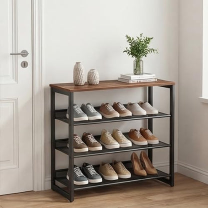 Shoe Rack for Entryway 4 Tiers 11.8" D x 25" W x 28" H, Metal Shoe Rocks with Brown Wooden Tabletop, Angled Shoes Rack with Adjustable Mesh Shelves for Entryway Hallway Closet