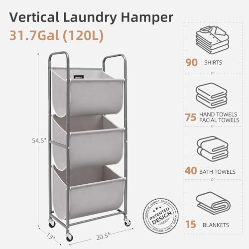 STORAGE MANIAC 120 Liters Vertical Rolling Laundry Hamper, 3 Section Laundry Sorter with Wheels and 2 Breaks, 3-tier Laundry Baskets for Small Space, Dorm, Laundry Room, Closet, Bathroom, Gray 3-tier