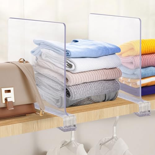 Clear Acrylic Shelf Dividers for Closets Organizer & Storage,8 Pack | Adjustable Vertical Wood Shelf Closet Separators, Keep Clean, for Clothes,Book,Bags, in Bedroom and Kitchen