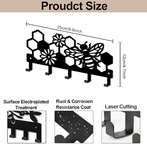 MAYJOYDIY Bee Beehive Metal Key Hook Honey Bee Flowers Coat Rack Wall Mounted 9.8×4.7inch Honeycomb Insect Black Art Key Holder with 5 Hooks for Gift Kitchen Bathroom Clothes Storage