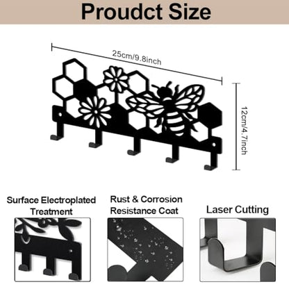 MAYJOYDIY Bee Beehive Metal Key Hook Honey Bee Flowers Coat Rack Wall Mounted 9.8×4.7inch Honeycomb Insect Black Art Key Holder with 5 Hooks for Gift Kitchen Bathroom Clothes Storage