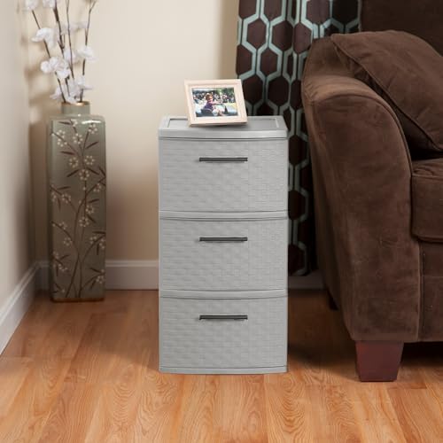 Sterilite 2-Pack 3-Drawer Weave Tower, Medium Storage Closet Organizer, Cement - Plastic Drawers and Containers for Bedroom, Cabinet, Clothes, Dresser, and Kitchen Pantry Organization