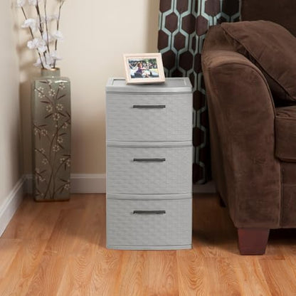 Sterilite 2-Pack 3-Drawer Weave Tower, Medium Storage Closet Organizer, Cement - Plastic Drawers and Containers for Bedroom, Cabinet, Clothes, Dresser, and Kitchen Pantry Organization
