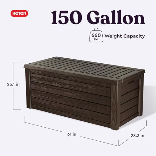 Keter 150 Gallon Resin Large Deck Box Organization and Storage Box for Patio, Outdoor Cushions, Garden Tools, Brown | Brown, Resin, Large, Weatherproof, Lockable, Hydraulic Pistons, Easy Assembly, Organization, Patio Cushions Storage