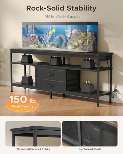 63 Inch TV Stand, Entertainment Center for 55 to 75 Inch TVs with LED Lights & Removable Charging Station, Modern Media Console Table with Open Storage Shelves & Fabric Drawers, Black