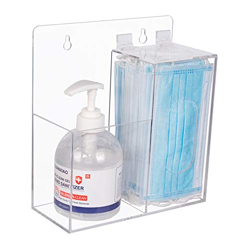 Acrylic Mask Dispenser & Hand Sanitizer Holder Stand Wall Mount or Countertop, Hygiene Station with 2 Compartment Clear Box Dispenser Holder for Face Masks, Gloves, Hairnets, Spray Bottle