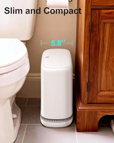 2.3 Gallon Slim Small Bathroom Trash Can with Lid, White Dog Proof Garbage Can with Air-Press Bag Expander & Removable Bucket, Narrow Bathroom Waste Basket for Bedroom, Office, Dorm