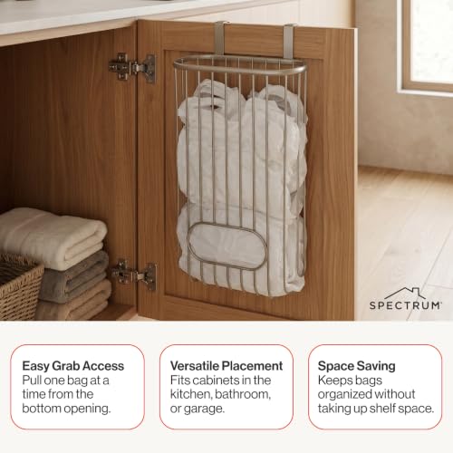 Spectrum Ashley Over The Cabinet Plastic Bag Holder (Satin Nickel Powder Coat) - Grocery & Recycling Bag Dispenser for Kitchen, Bathroom, Under Sink, Home, & Apartment Organization