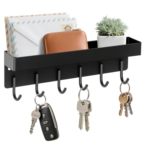 Magnetic Key Holder Wall Mount, Small Key Rack with Tray, Black | 2 Mount Options, Metal Material, 9.6 Inch, 6 Thin Hooks, Compact Design, Suits for Kitchen, Foyer, Entryway, Garage, Rv