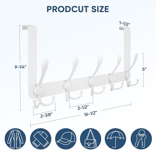 TICONN Over The Door Hooks, 5 Heavy Duty Tri Coat Rack All Metal Coat Hanger for Bathroom Bedroom Dorm (White, 1PK, Fit 1-3/8" Doors)