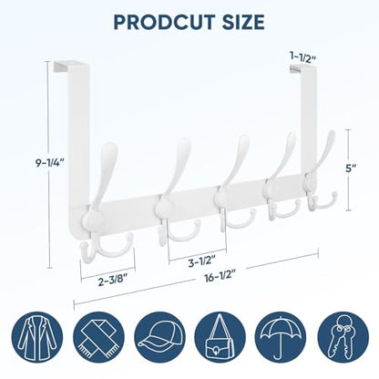 TICONN Over The Door Hooks, 5 Heavy Duty Tri Coat Rack All Metal Coat Hanger for Bathroom Bedroom Dorm (White, 1PK, Fit 1-3/8" Doors)