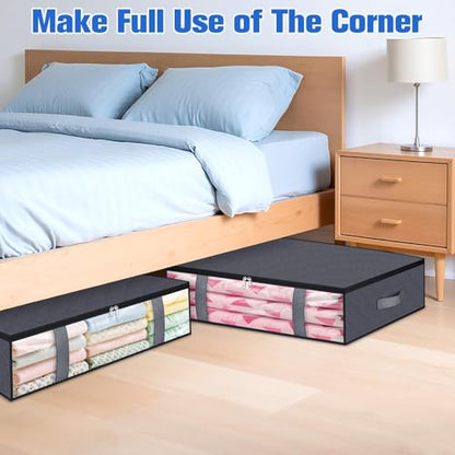 Under Bed Storage Containers, 4 Pack Blanket Storage Bags, Collapsible Storage Bags with Big Zippers, Clear Front, Shoe Storage and Organization for Clothes, Comforter, 60L, Grey