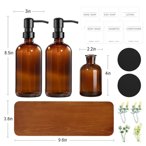 Kitchen Soap Dispenser Set with Wood Riser Tray, Amber Glass Soap Dispenser with Stainless Steel Pump, Hand and Dish Soap Dispenser Set for Kitchen, Soap and Lotion Dispenser Bathroom Decor(Amber)