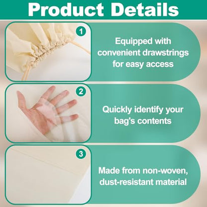 12 PCS Dust Bags for Handbags, Drawstring Bags, Beige, 4 Size | Dustproof Breathable Non Woven Fabric Cloth Pouch Bag, Purses Organizers Storage Bags for Handbags Shoes Purses