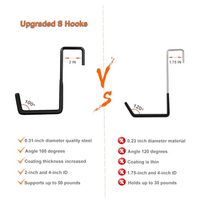 4 Pcs Rafter Hooks, Upgraded Fence Hangers, Heavy Duty Bike Hanger for Garage, Ladder Hook, Black Large S Hooks for Hanging Hose, Plants, Chairs, Bikes, Ladders, Cords and More