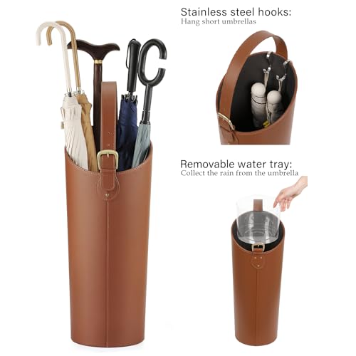 Brown Artificial Leather Tall Umbrella Holer Entryway Indoor for Business Office,22.4 Inch Umbrella Stand Entryway with Removable Water Tray 2 Hooks