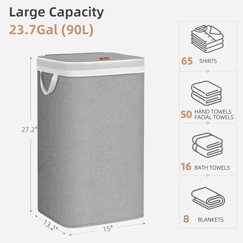 STORAGE MANIAC Metal Frame Laundry Hamper with Lid, 23.7 Gal Tall Laundry Baskets with Removeable Bag, Large Clothes Hamper with PU Tag, Laundry Bin for Dorm, Collage, Bathroom, Bedroom, Gray